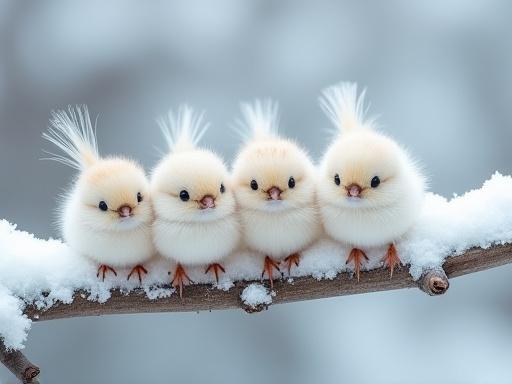 A flock of tiny, fluffy long-tailed tits (Shimaenaga) on a snow-covered branch.