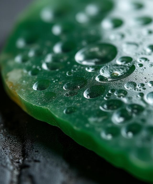A macro shot of a polished jade stone, showing its intricate patterns and deep green color.