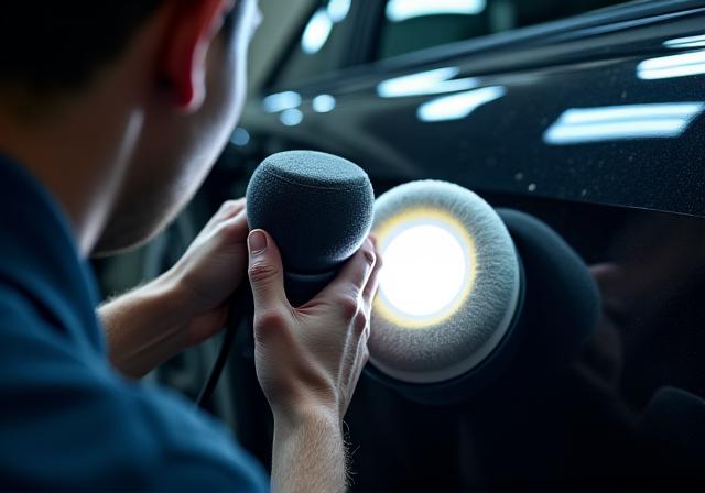 A detailer using a polishing machine and inspection light on a car's paint.