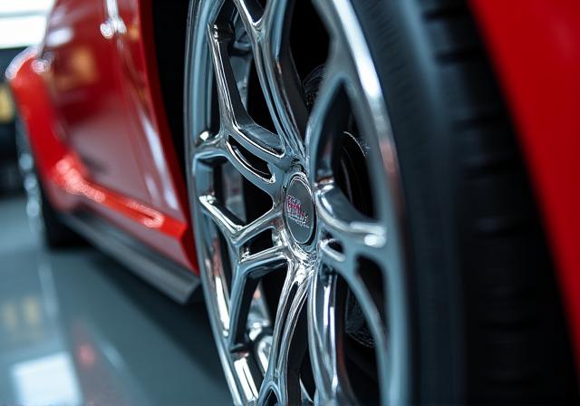 A clean, high-gloss alloy wheel on a sports car.